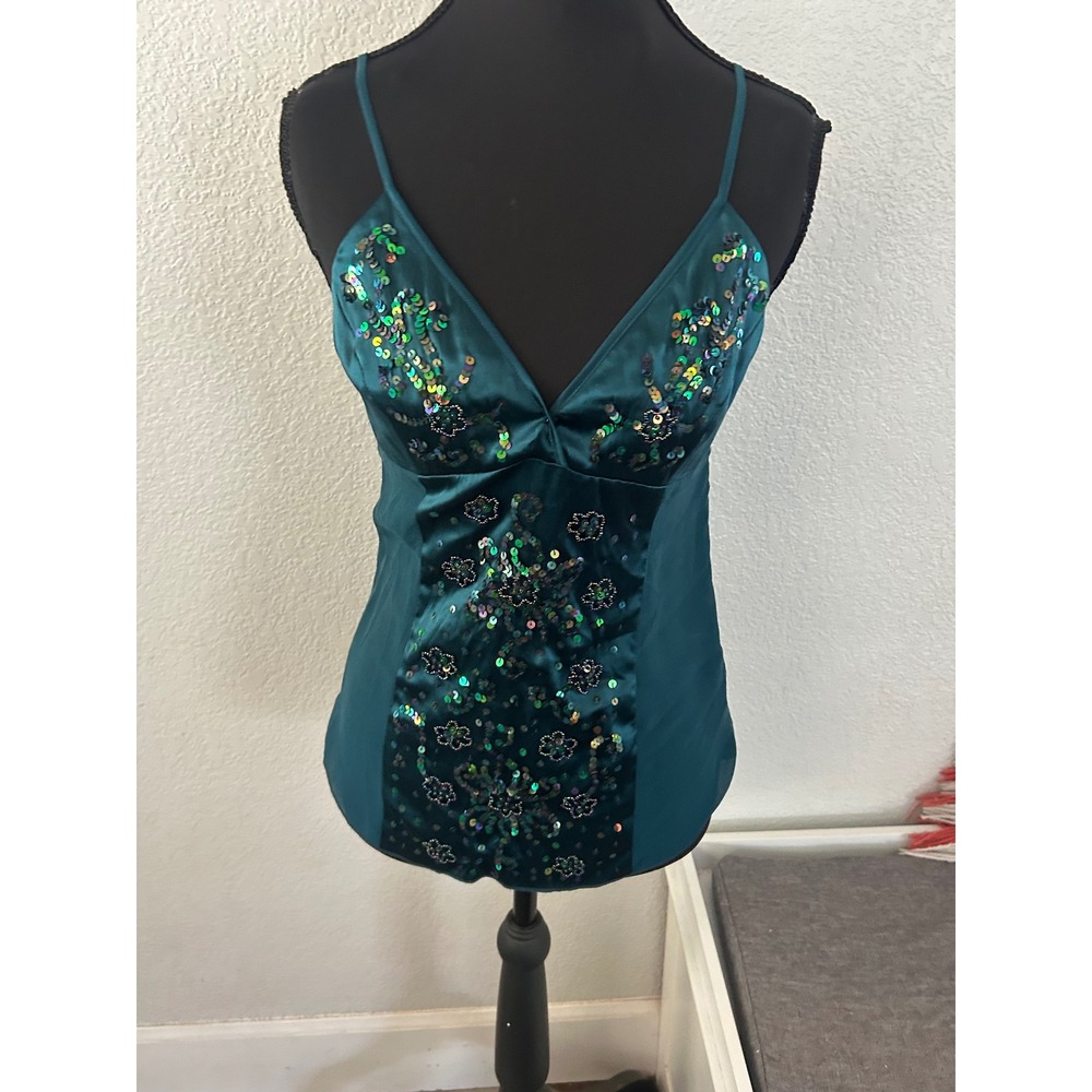 Bebe Teal babydoll Satin Sequin Beaded Cami Top V-Neck Sheer Mesh Panels Sm Y2K